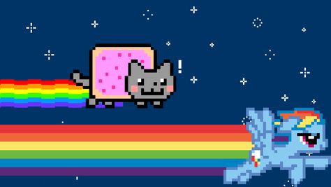 Nyan cat and RainbowDash! Mlp Desktop Wallpaper, Tac Nayn, Scenecore Wallpaper, Scene Core Wallpaper, Nya Cat, Desktop Bg, Nyan Nyan, Neon Cat, 2010s Nostalgia