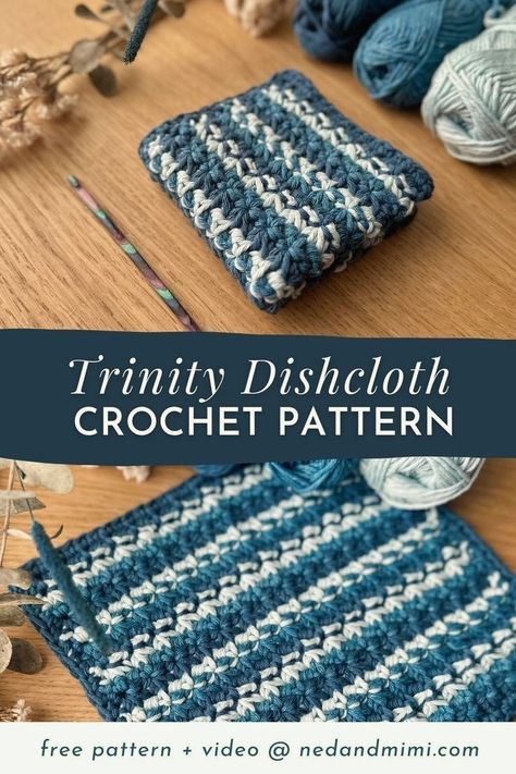 This free crochet pattern introduces the Trinity Stitch for a striking striped dishcloth. Perfect for beginners, it comes with a comprehensive video tutorial, guiding you through each step. Create a colorful, multi-textured washcloth or tea towel, enhancing your kitchen with a handmade touch. This easy pattern is ideal for those looking to add a splash of color and texture to their crochet projects. Trinity Stitch Crochet, Crochet Dishcloth Pattern, Trinity Stitch, Crochet Washcloth Pattern, Ripple Stitch, Dishcloth Crochet Pattern, Crochet Stitches For Blankets, Washcloth Pattern, Crochet Dishcloth