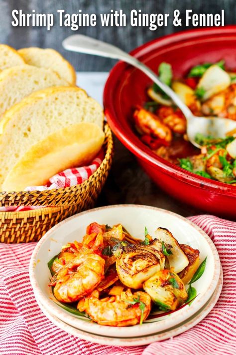 Moroccan Shrimp Tagine with Garlic, Ginger, and Fennel Moroccan Shrimp, African Food Recipes, African Peanut Soup, Shrimp Stew, Seafood Meals, Tagine Recipes, Meat Pies, Shrimp Dishes, Moroccan Food