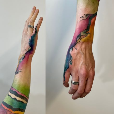 Tattoo Sleeve Connection Ideas, Abstract Rainbow Tattoo, Colorful Abstract Tattoo, Art Themed Tattoos, Colorful Forearm Tattoo, Tattoo Ideas Abstract, Obsidian Tattoo, Abstract Watercolor Tattoo, Water Color Abstract