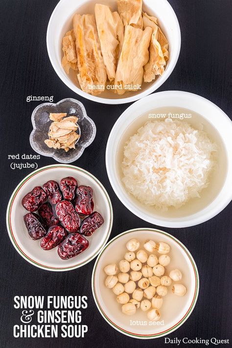 Snow Fungus and Ginseng Chicken Soup | Daily Cooking Quest Ginseng Recipes, Cantonese Soup, Healthy Chinese Chicken, Chinese Chicken Soup, Herbal Chicken Soup, Chinese Cuisine Recipes, Ginseng Chicken Soup, Chinese Soups, Confinement Food