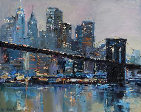 https://flic.kr/p/Wc9V7Y | Brooklyn Bridge - New York City - Evening urban landscape painting | Not for Sale  Original oil cityscape painting of New York City after sunset. Painted with brushes and palette knife on canvas. This work is unique, this is not a print or other type of copy. Landscape Oil Paintings Mountain, Landscape Oil Paintings Trees, Nyc Painting, City Paintings, New York Landscape, New York Painting, Bridge Painting, Urban Painting, Skyline Painting