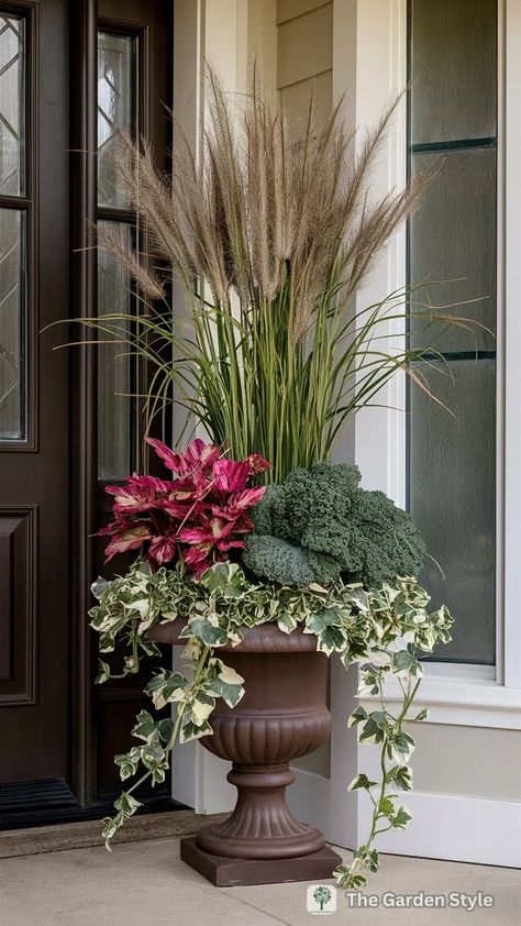 Fall Planters: Stunning Thriller, Filler, and Spiller Plants and Ideas - The Garden Style Fall Whisky Barrel Planter, Summer Porch Pots, Fall Front Porch Planters, Fall Urn Planter Ideas, Garden Style Flower Arrangement, Fall Planters Outdoor, Fall Planters Front Porches, Fall Outdoor Planter Ideas, Patio Fall Decor