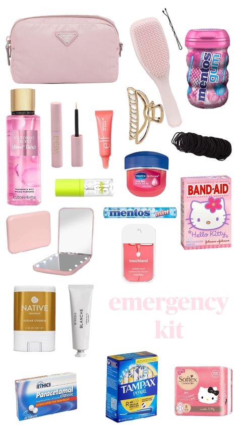 emergency kit #cleangirl #essentials #emergencykit #basic #organisedk 5th Grade Emergency Kit, What To Put In Your Emergency Kit, Camping Bag Essentials, Bag Necessities, Preppy Basics, Road Trip Bag, School Emergency Kit, School Backpack Essentials, Girl Kit