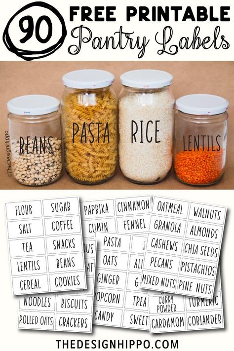 Free Printable Pantry Labels For DIY Kitchen Organization. Easily print these labels at home to organize and add charm to your pantry. Labels for food storage jars include flour, pasta, sugar, salt, spices, nuts, baking, beans, lentils. #freeprintable #kitchenprintable #pantrylabels #diykitchen #kitchenorganization #printablelabels #decor via @thedesignhippo Jar Label Design Free Printable, Pantry Labels Printable, Free Pantry Labels, Making Labels, Quotes Kitchen, Kitchen Printables, Spice Jar Labels, Kitchen Labels, Organizing Labels