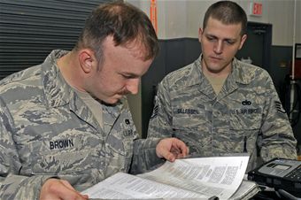 7/12/2013-USAF Staff Sgt. Travis Brown,left, 35th Maintenance Squadron aircraft armament craftsman, reads a manual while Staff Sgt. Charles Gillessen, 35th MXS quality assurance inspector, inspects his performance while repining a video connector on a launcher air unit at Misawa Air Base, Japan, July 11, 2013. The 35 MXS armament flight holds strict quality assurance standards such as the use of manuals to help prevent potential mistakes. (USAF Airman 1st Class Zachary Kee) Marine Bootcamp, Boot Camp Graduation Gifts, Usmc Bootcamp, Air Force Basic Training, Marines Boot Camp, Lackland Air Force Base, Sending Letters, Basic Military Training, Camp Read