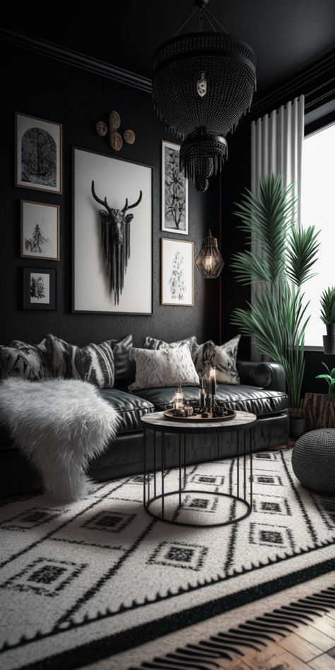 [Ad] 91 Impressive Dark Boho Living Room Decor Tips To Learn More At Once #darkboholivingroomdecor Black And White Boho Living Room, White Boho Living Room, Black Walls Living Room, Masculine Boho, Dark Boho Living Room, Industrial Bedroom Design, Room Decor Inspiration, Chic Minimalista, Moody Living Room