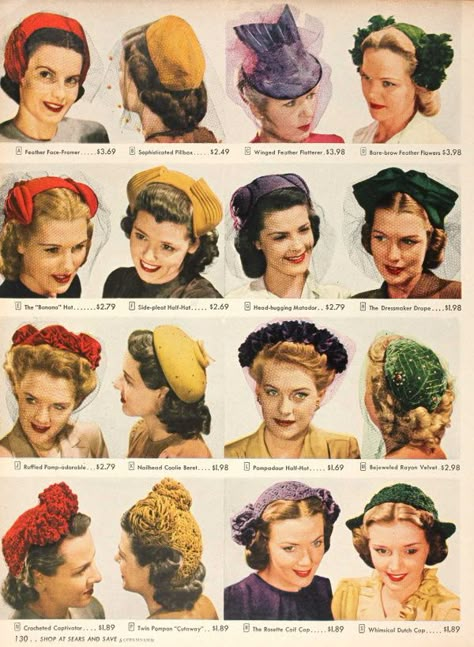 Hat Styles For Women, Hair With Hat, 1950s Hats, 1940s Fashion Women, 40s Hairstyles, 1940s Hats, 1940s Hairstyles, Pretty Hats, Retro Hats