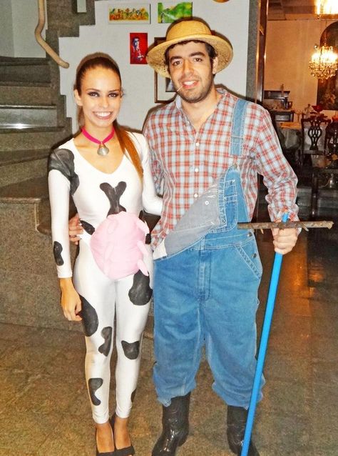 the cow and the farmer. NOT scary at all, funny though.                                                                                                                                                                                 More Farmer Girl Costume, Toddler Cow Costume, Farmer Halloween Costume, Maternity Halloween Costumes, Maternity Costumes, Diy Cow Costume, Maternity Halloween Costume, Farmer Halloween, Farmer Costume