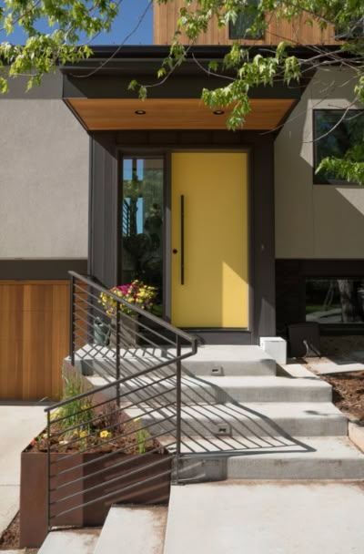 Entry Door Ideas, Yellow Front Door, Bright Front Doors, Front Door Ideas, Front Entry Door, Yellow Front Doors, Modern Entry Door, Lake Houses Exterior, Modern Exterior Doors