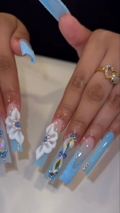 Pink And Blue Nail Designs Ideas, Ice Blue Nail Designs, Light Blue Acrylic Nails Design Quince, Light Blue Bling Acrylic Nails, Baby Blue Quince Nails, Baddie Bling Nails Blue, Blue Long Nails With Gems, Blue Baddie Nails, Light Blue Xl Nails