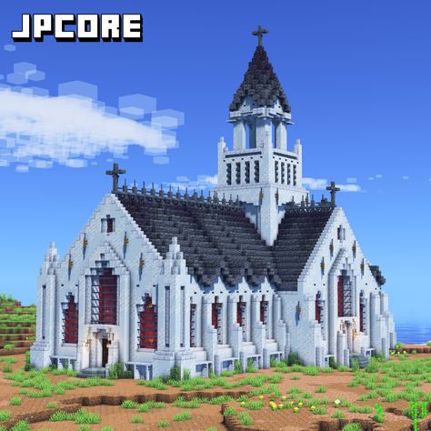 A Minecraft church. A sweet addition to a village in your world or anywhere you see fit. Maybe use it as inspiration to make your own! Medieval Church Minecraft, Minecraft Villager Statue, Church Minecraft Ideas, Minecraft Church Interior, Minecraft Medieval Church, Minecraft Church, Minecraft Dogs, Build Minecraft, High School Project