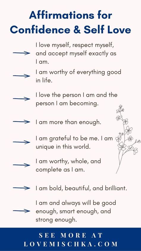 A list of positive affirmations for confidence and self love that includes, "I love myself, respect myself, and accept myself exactly as I am.", "I am worthy of everything good in life.", "I love the person I am and the person I am becoming.", and more. Magical Affirmations, Subconscious Beliefs, Emotion Code, Daily Intentions, Self Esteem Affirmations, Affirmations For Confidence, Increase Happiness, Self Belief, Love Yourself More