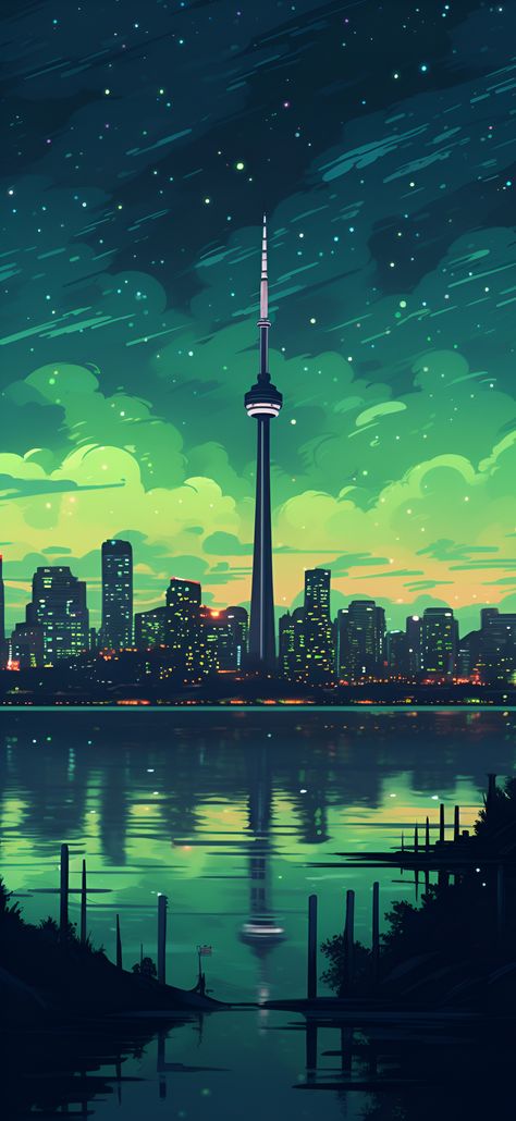 Soothing green aesthetic image of the Toronto skyline featuring the CN Tower. Turquoise Aesthetic Wallpaper Iphone, Green Aesthetic Wallpaper Iphone, Toronto Wallpaper, Turquoise Aesthetic, Green Aesthetic Wallpaper, Cityscape Wallpaper, Toronto Skyline, Anime City, Aesthetic Wallpaper Iphone