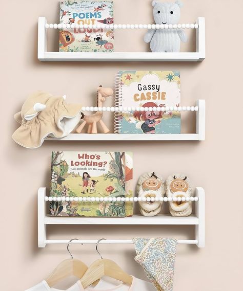 Mazjoaru White Floating Book Shelves for Wall, Set of 3 Wall Mounted Children’S Book Shelves for Kids Nursery Decor, Small Floating Shelf Organizer for Kitchen Spice Rack With Bead Decoration : Amazon.co.uk: Home & Kitchen Wood Bookshelf Wall, Kids Room Bookshelves, Hanging Bookshelves, Wall Mounted Storage Shelves, Wood Floating Shelf, Nursery Book, Nursery Bookshelf, Floating Bookshelves, White Floating Shelves