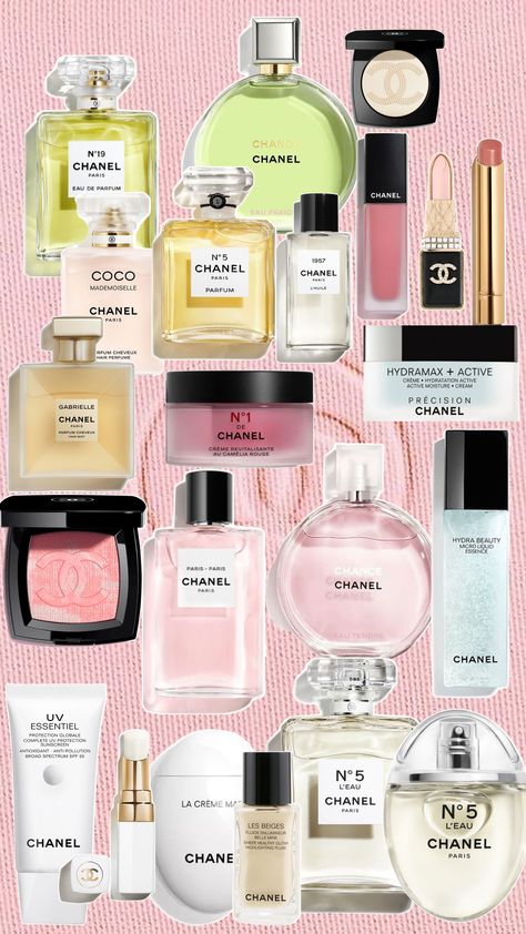 A curated selection of iconic Chanel beauty and fragrance products. This collection features timeless perfumes like Chanel N°5, Coco Mademoiselle, and Chance, alongside skincare essentials such as Hydra Beauty and La Crème Main. Makeup highlights include Les Beiges and a soft pink blush. This combination of luxury perfumes, skincare, and makeup embodies Chanel's signature elegance and sophistication. Chanel 5, Coco Chanel Perfume, Chanel N 5, Coco Chanel Mademoiselle, Chanel Fragrance, Chanel N° 5, Parfum Chanel, Chanel Suit, Chanel No 5