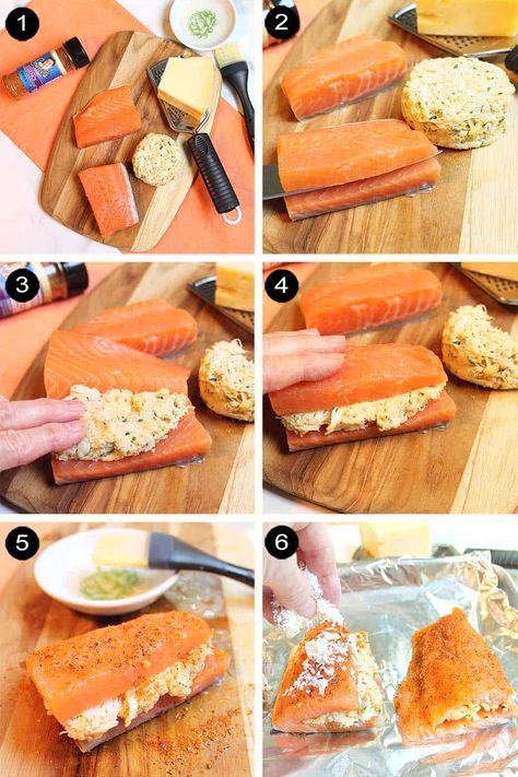 Crab Stuffed Salmon - 2 Cookin Mamas Mediterranean Stuffed Salmon, Grilled Stuffed Salmon Recipes, Smoked Stuffed Salmon, Stuffed Salmon Recipes Shrimp, Crab And Shrimp Stuffed Salmon, Crab Stuffed Salmon Recipes, Seafood Stuffed Salmon, Salmon Stuffed With Crab, Stuff Salmon