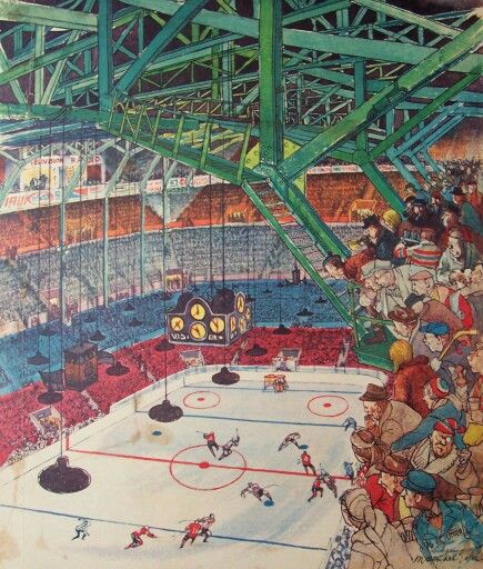 Painting depicting the inside of the Montreal Forum. By the look of the old hands style click this was in the 1940's or 50's. Vintage Hockey Posters, Saskatchewan Landscape, Montreal Forum, Hockey Painting, Hockey Drawing, Seasonal Wallpaper, Sports Artwork, Hockey Art, Hockey Posters