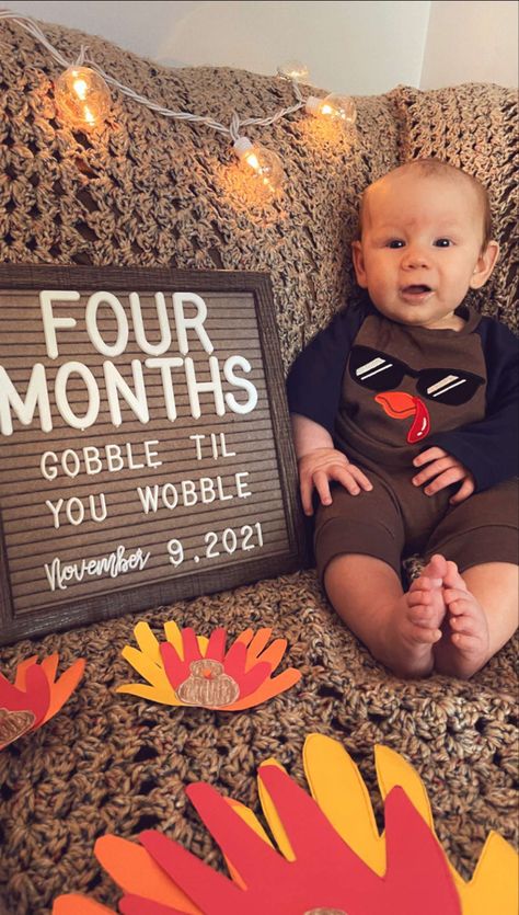 #babymilestone #november #turkey #thanksgiving #gobble #wobble #milestone #baby #photography #letterboard 3 Month Thanksgiving Pictures, One Month Old Baby Pictures November, Thanksgiving 2 Month Old Pictures, Thanksgiving Letter Board Baby, Thanksgiving Milestone Picture Ideas, Baby November Photoshoot, My First Thanksgiving Pictures, November Baby Milestone Pictures, November Milestone Picture Ideas