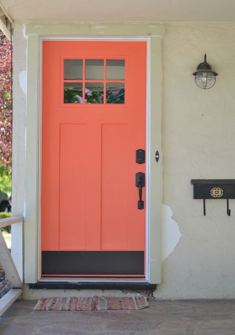 Cottage Style Front Doors, Coral Front Doors, Coral Door, Exterior Door Hardware, Exterior Entry Doors, Cottage Bungalow, Modern Exterior Doors, Farmhouse Front Door, Bungalow Homes