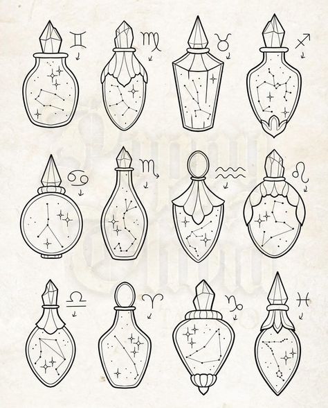 Olivia Tattoo, Ceramic Sun, Bottle Tattoo, Potion Bottle, Stippling, Blackwork, So Excited, Constellations, Zodiac Signs