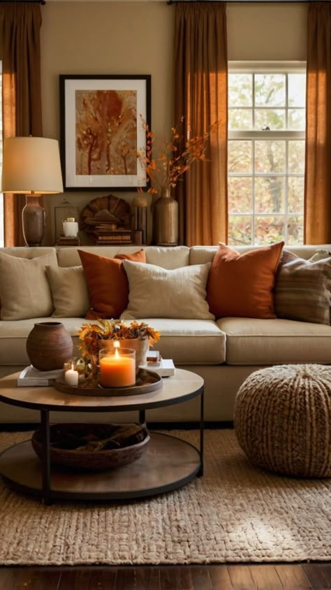 Cozy Autumn Living Room Decor Ideas to Warm Up Your Space, Get inspired by this cozy autumn living room decor! Create your own inviting space with pumpkins, rustic accents, and warm, earthy tones. Explore these ideas to add a festive touch to your home this fall season. Find your perfect pieces today!  ... less Rustic Orange Living Room Decor, Earthy Artsy Living Room, Autumn Colour Living Room, Rust Colour Living Room, Clean Cozy Living Room Aesthetic, Earthy Tone Living Room Ideas, Rust Accents Living Room, Earthy Fall Decor, Earthy Interior Design Living Room