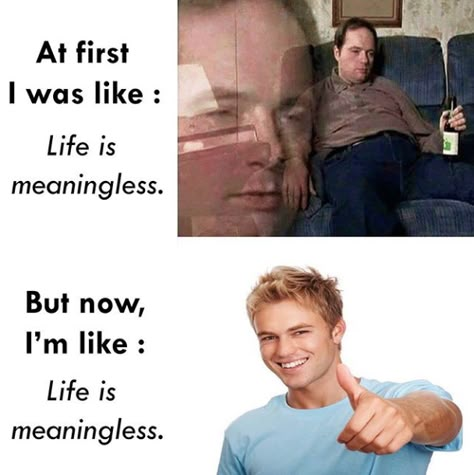 At first I was like: life is meaningless | Millennials | Know Your Meme Life Is Meaningless, Philosophy Memes, Mbti Memes, Meme Random, Random Meme, Epic Fails Funny, 16 Personalities, Mbti Personality, Intp