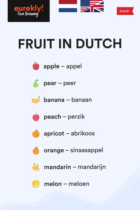 🍊 Save this FREE cheat sheet and learn how different fruit names are pronounced in Dutch. 🎓 Looking for the best way to learn #Dutch? Take high-quality Dutch language lessons online on #Eurekly! #️⃣ #learndutch #holland #netherlands #amsterdam #dutchlanguage #rotterdam #europe #dutchie #polyglot #learningdutch #language Dutch Learning, Dutch Phrases, Netherlands Language, Croatian Language, Get Better Grades, Private Tutor, Fruit Names, Cape Dutch, Better Grades