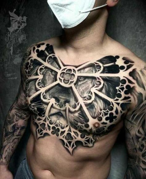 Chest Pattern Tattoo, Tato Geisha, Cathedral Tattoo, Full Chest Tattoos, Half Sleeve Tattoos Drawings, Torso Tattoos, Scary Tattoos, Muster Tattoos, Cool Chest Tattoos