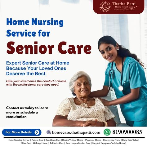 Home Nursing Service for Senior Care Expert Senior Care at Home Because Your Loved Ones Deserve the Best. Give your loved ones the comfort of home with the professional care they need. At Thatha Patti Home Health Care, we specialize in providing dedicated, compassionate nursing care for seniors, right in the comfort of their own homes. Let us help your loved ones maintain their independence while receiving the professional care they deserve. Contact us today to learn more or schedule a cons... Home Nursing Services, Emergency Nursing, Senior Home Care, Palliative Care, Nursing Care, Senior Care, Home Health Care, Doctor Visit, Elderly Care