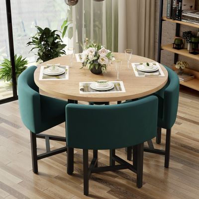 Modern Round Wood Dining Table, Small Space Dining Set, Modern Kitchenette, Metal Kitchen Chairs, Green Upholstered Chair, White Upholstered Chair, Blue Upholstered Chair, Small Dining Table Set, 4 Seater Dining Table