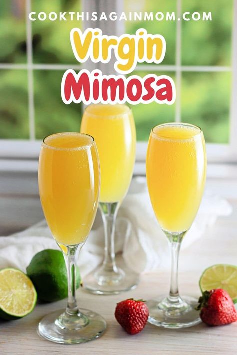 Virgin Mimosas. A kid friendly, non-alcholhic version of the classic Champagne Mimosas. Virgin Mimosa Recipe, Virgin Mimosas, Virgin Mimosa, Refreshment Drinks, Mimosa Drink, Holiday Punch Recipe, Party Punches, Non Alcoholic Punch, Virgin Drinks