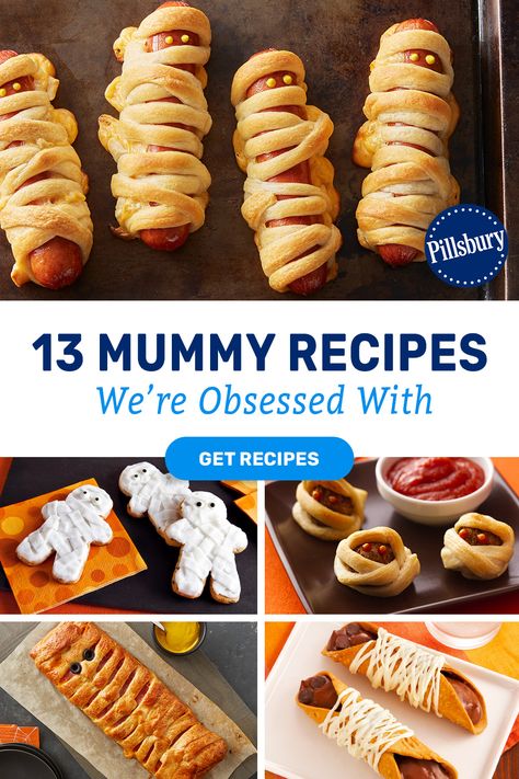 From classic Pillsbury Crescent Dogs to Mummy Head Candy Apples we've got your family's new favorite Halloween traditions all wrapped up. Snack Halloween, Mummy Recipes, Kids Halloween Food, Dulces Halloween, Halloween Party Snacks, Halloween Treats For Kids, Halloween Fest, Halloween Appetizers, Yummy Mummy