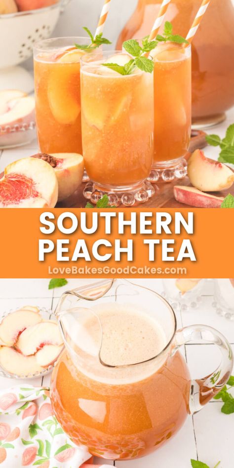 Drinks For Potluck Parties, Peach Mint Tea, Sweet Peach Tea, Ice Tea Peach, Peach Sweet Tea, Flavored Iced Tea Recipes, Peach Tea Recipe, Yum Drinks, Peach Iced Tea