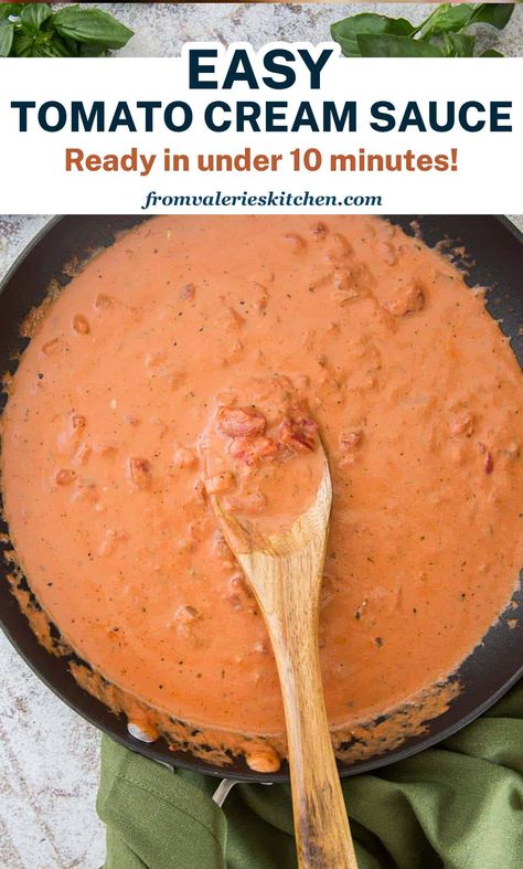 This Easy Tomato Cream Sauce takes less than 10 minutes to prepare and is a great alternative to store-bought sauce. Toss with your favorite cooked pasta for a quick and easy meal! Homemade Tomato Cream Sauce, Tomato Basil Cream Sauce Pasta, Tomato Paste Heavy Cream Pasta, White Wine Tomato Cream Sauce, Pasta Sauce With Canned Diced Tomatoes, Heavy Cream Tomato Pasta Sauce, Homemade Creamy Tomato Sauce, Spaghetti With Tomato Cream Sauce, Tomato Sauce With Cream Cheese