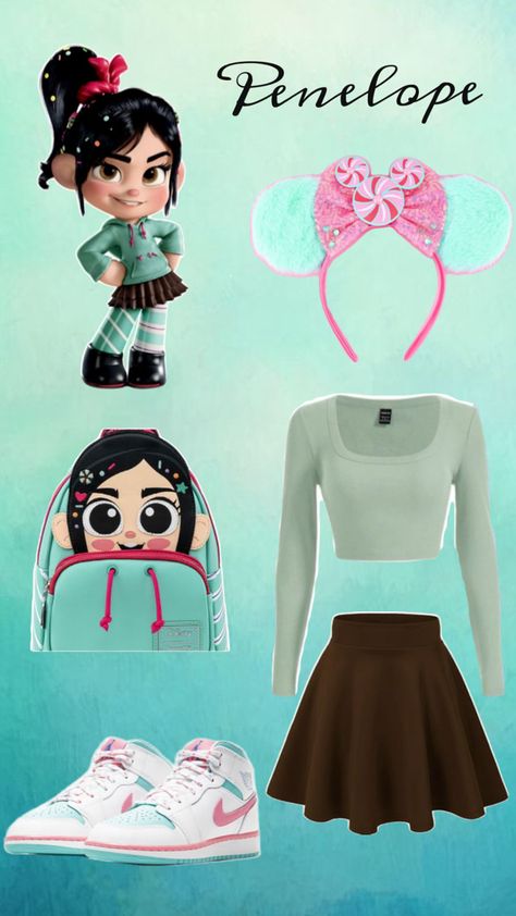 #Penelope #Disney #Inspo Penelope Costume, Princess Penelope, Diy Penelope Von Sweets Costume, Penelope Von Schweetz Cosplay, Disney Bound Vanellope, Vanellope Von Schweetz Disneybound, Vanellope Von Schweetz Dti Outfit, Movie Character Costumes, Disney Character Outfits