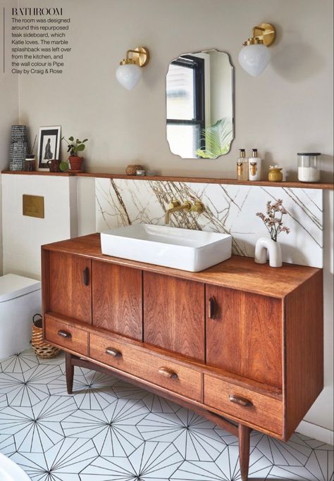 Victorian Terrace Renovation, Wooden Vanity Unit, White Hexagon Tiles, Mid Century Vanity, Old Fireplace, Modern Victorian, Victorian Terrace, White Tiles, Room Decorations