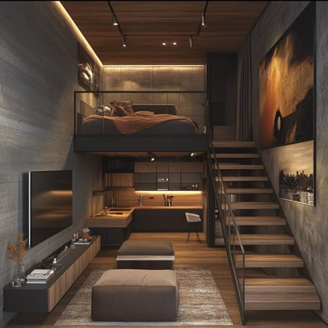 Korean Loft Bedroom Aesthetic, Luxury Loft Bedroom, Small Mezzanine House Design, Bachelor Loft, Modern Studio Apartment Ideas, Mezzanine Apartment, Black Luxury House, Loft Homes, Loft House Design