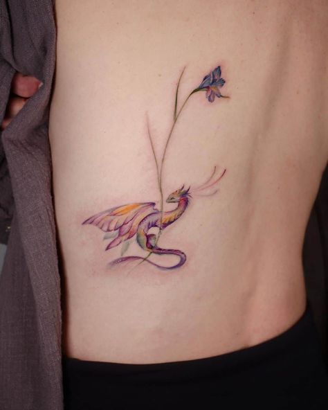 Dragon Tattoo On Back, Tattoo For Female, Cute Dragon Tattoo, Dragon Tattoo Back, Tattoo On Back, Astrology Tattoo, Tiny Dragon, Dragon Tattoo For Women, Ribbon Tattoos