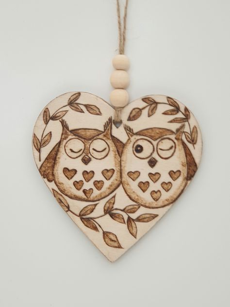 Pyrography owls wooden heart hanging decoration - Folksy Heart Drawing Ideas, Romantic Sketches, Wooden Engraved Gifts, Heart Hanging Decoration, Beginner Wood Burning, Wood Burning Patterns Stencil, Wood Yard Art, Monogram Hearts, Wood Burn Designs