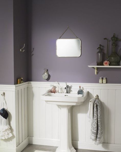 Lavender Grey Bathroom, Purple Half Bathroom Ideas, Lavender Bathroom Walls, Purple Wainscoting, Gray And Purple Bathroom, White Wainscotting, Pedastal Sink, Neutral Bathroom Colors, Burgundy Bathroom