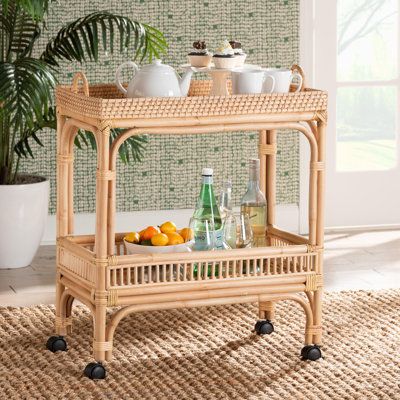 Birch Lane™ Arloe Bar Cart | Wayfair Tropical Decor Ideas, Garage Suite, Beverage Stations, Spring Luncheon, Beachy Cottage, Nook Design, Cottagecore Life, Wine Cart, Wood Bar Cart