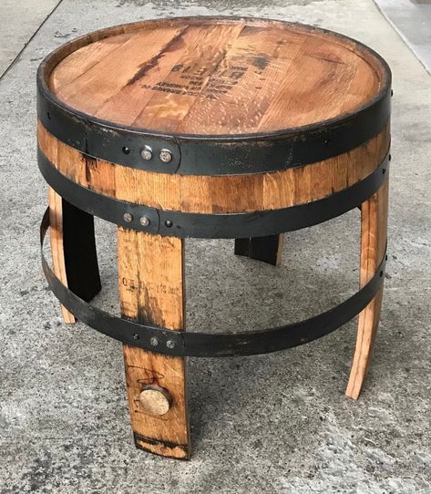 "Made from 100% repurposed Kentucky bourbon barrels.   Barrels come from various distilleries in Kentucky - Jim Beam, Buffalo Trace, Woodford, Wild Turkey, etc.  If you have a request for a specific distillery stamp on the top of your table, please message me.   Approx. 18\" in height.  The very top of the table is approx. 22\" in diameter.   These are made to order.  What you see in the pictures have already sold.  Finished with mineral oil. FREE SHIPPING." Pool Table Room Decor, Bourbon Barrel Table, Wine Barrel Diy, Bourbon Barrel Furniture, Bourbon Barrel Bar, Wine Barrel Decor, Barrels Diy, Wine Barrel Table, Whiskey Barrel Furniture