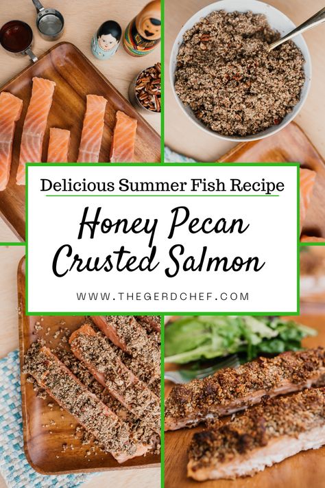 If you've been looking for a dinner recipe to knock the socks off your guests, well check out our Honey Pecan Crusted Salmon, because it will do just that! This fish is sweet, salty, and crunchy, and won't ruin your diet. Try it today! #digetionhealth #digestionhelp #dinnerrecipe #finshfordinner #thebestfishrecipe #salmonrecipe #fishyfood #thegerdlife #fishdinnerrecipe #healthyrecipe #lowcaldinnerrecipe Low Acid Dinner Recipes, Acid Reflux Friendly Recipes, Gerd Friendly Recipes, Low Cal Dinner, Pecan Crusted Salmon, Easy Salmon Recipe, Gerd Friendly, Gerd Recipes, Gerd Diet