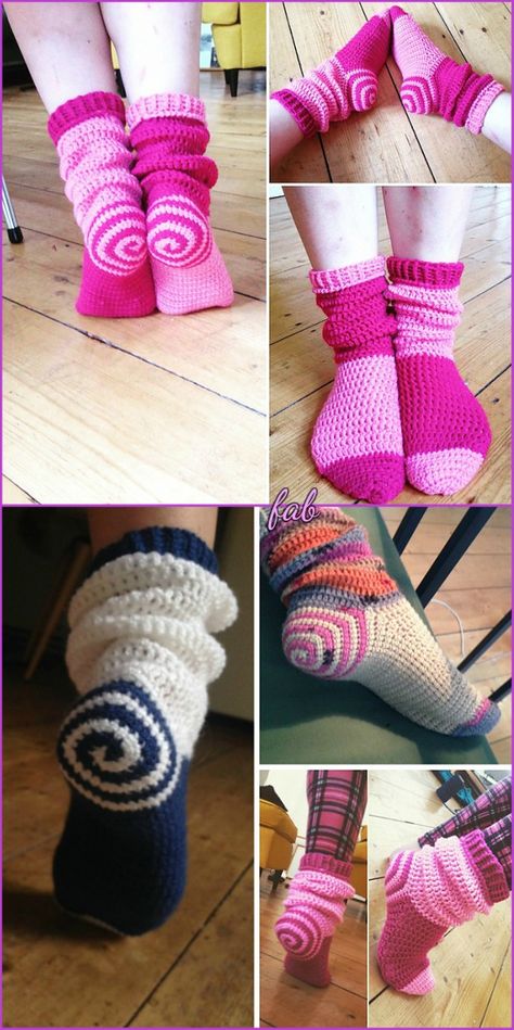 Crochet Spiral Socks Boots Free Pattern Croxhet Socks, Free Crochet Boot Patterns, Cool Crochet Socks, Crochet Boot Socks Free Pattern, Crochet Cylinder Pattern, Spiral Socks Knitting Pattern, How To Crochet Spirals, How To Make Crochet Socks, Crochet Funny Socks