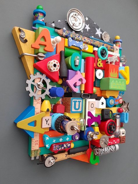 A, E, I, O, U, Sometimes Y & Zebra Art Art Assemblage Found Objects Art - Etsy Found Sculpture, Found Object Sculpture Art Projects, Found Objects Art, Art With Recycled Materials, Assembledge Art, Repurposed Toys, Decorating With Junk, Upcycle Junk, Sculpture Collage