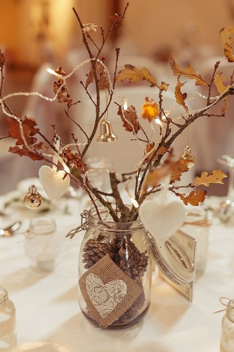 Diy Fall Wedding Centerpieces, Wedding Centerpieces On A Budget, Centerpieces On A Budget, Diy Fall Wedding, Winter Table Decorations, Winter Barn Weddings, Fall Wedding Ceremony, Fall Wedding Diy, Rustic Wedding Decorations