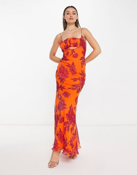 ASOS DESIGN ruched bust cut out bias maxi dress in orange floral print | ASOS Round Of Applause, Floor Length Maxi Dress, Orange Floral Print, Red Dress Maxi, Print Trends, Cute Skirts, Orange Dress, Design Floral, Event Dresses