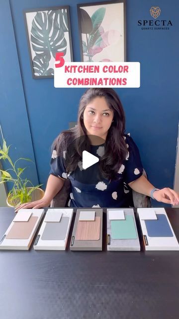 Sonika Khurana Sethi on Instagram: "5 Kitchen Color Combinations! 

This is Episode 6 in Spectacular Space Series powered by @spectaquartzsurfaces where I have used 5 quartz from their wide variety of!

Comment 👇 “Combinations “ for exact codes of colors used in the above video!

[kitchen color combinations, kitchen designs]

#collab

#quartz #kitchen #kitchencountertops #kitchendesign #coloraza #interiordesign #kitchencolors #kitchenrenovation #luxuryhomes #luxuryinteriors" Cabinets And Countertops Combinations, Kitchen Combination Colors Modern, Mat Kitchen Cabinets, Kitchen Cappuccino Color, Kitchen Laminates Colour Combination India, Almond Beige Kitchen, Best Colour Combination For Kitchen, Sky Blue Kitchen Ideas, Color Combination For Kitchen Cabinets