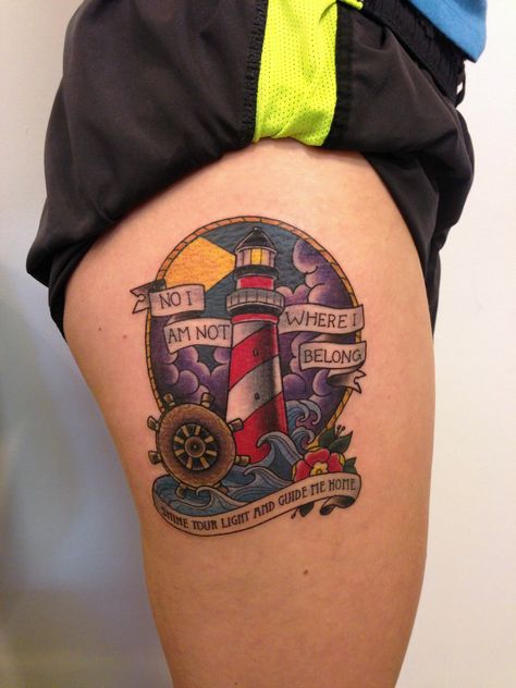 Lighthouse tattoo by Joshua Ross at Mind's Eye Tattoo in Emmaus, PA. Female Lighthouse Tattoo, Tattoo Lighthouse, Traditional Lighthouse Tattoo, Rend Collective, Tattoo Lyrics, Tattoo 2017, Tato Tradisional, Tattoo Artists Near Me, Hyper Realistic Tattoo